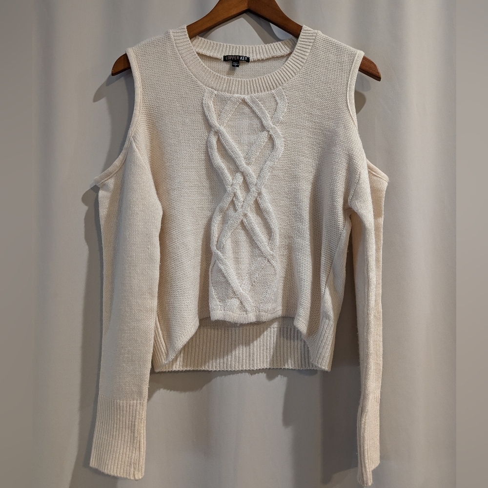 Copper Key Cold Shoulder Cable Knit Sweater Cream High Low Hem Cream Small